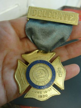 Antique June 1920 Delegate Hudson Valley Volunteer Firemen Medal Ribbon 2