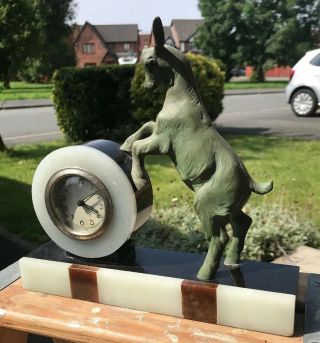 French Art Deco Marble Mantle Clock With Stylised Goat Lamb