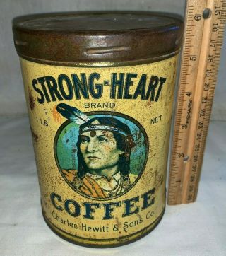 Antique Strong Heart Coffee Tin Litho 1 Tall Can Native American Indian Grocery