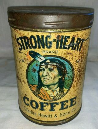 ANTIQUE STRONG HEART COFFEE TIN LITHO 1 TALL CAN NATIVE AMERICAN INDIAN GROCERY 3