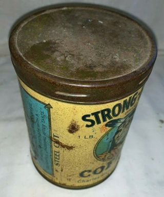 ANTIQUE STRONG HEART COFFEE TIN LITHO 1 TALL CAN NATIVE AMERICAN INDIAN GROCERY 5