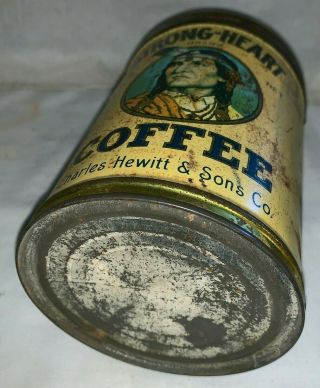 ANTIQUE STRONG HEART COFFEE TIN LITHO 1 TALL CAN NATIVE AMERICAN INDIAN GROCERY 6