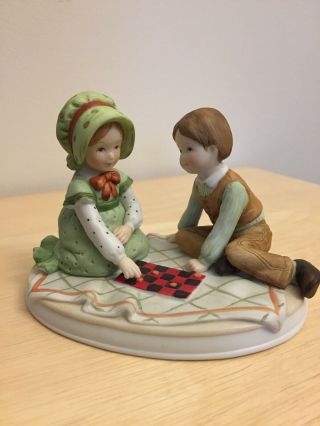 Vintage 1980 Holly Hobbie Figurine " Good Friends And Fun " Boy Girl Play Checkers