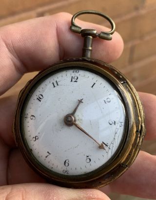 A GENTS SMALL EARLY ANTIQUE PAIR CASED VERGE / FUSEE POCKET WATCH,  C1760s. 12