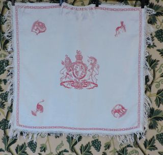 Antique 1887 Red Work Table Cloth W Unicorn Lion Animals And Crest