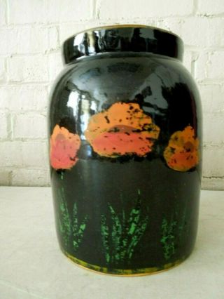 Antique Stoneware Brown Lidded Salt Glazed Jar/ Crock W/ Hand Painted Poppies