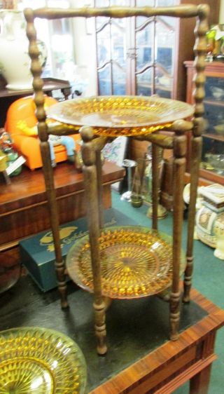 Antique Wooden Folding Two Tier Cake Stand 3 Large Amber Glass Plates Circa 1910