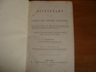 Old DICTIONARY OF GERMAN / ENGLISH LANGUAGES Leather Book 1857 ANTIQUE WORD TERM 4