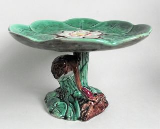 Antique Majolica 10 " Stork Bird Water Lily Compote Cake Stand Crane Footed Plate