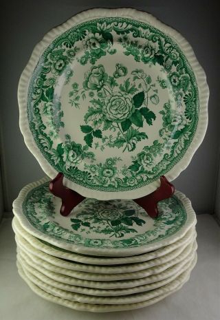 9 Antique Copeland Spode Green All Over Floral Gadroon Edge Dinner Plates