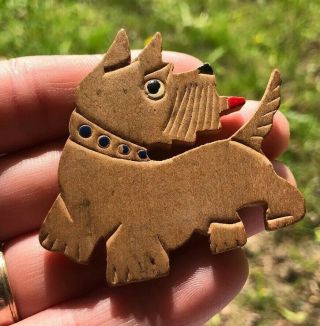 Vintage Hand Carved & Painted Wood Scotty Dog Pin Brooch Antique