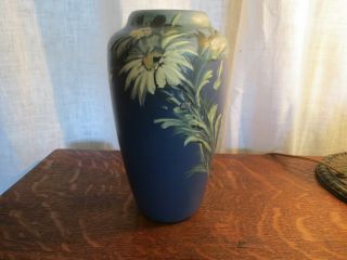 Antique 1900 Signed Weller Matte Blue Floral Hand Painted Vase Arts & Crafts Era