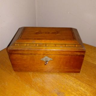 Vintage Antique Wood Inlay Jewelry Box Keepsake Box Trinket Box W/ Key