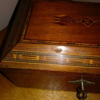 Vintage Antique Wood Inlay Jewelry Box Keepsake Box Trinket Box w/ Key 3