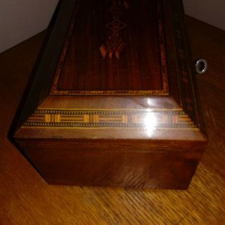 Vintage Antique Wood Inlay Jewelry Box Keepsake Box Trinket Box w/ Key 6