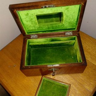 Vintage Antique Wood Inlay Jewelry Box Keepsake Box Trinket Box w/ Key 7