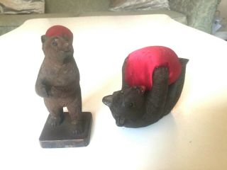2 X Antique Very Nicely Carved Black Forest Bear Pin Cushions