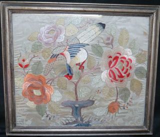 Antique Chinese Silk Embroidery Circa 1820 Coloured Silk Flowers & Bird