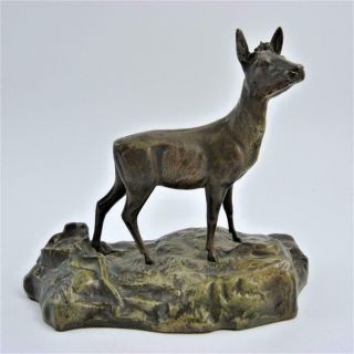 Antique Bronzed Cast Metal Figure Of A Deer On A Rocky Outcrop,  19th Century