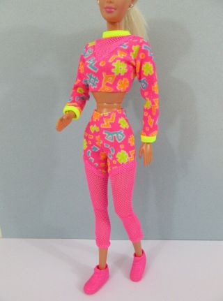 Vintage 90 ' s Barbie Doll Clothes - CROP TOP,  SPORTS LEOTARD,  SHOES - Neon Pink 3
