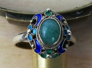 Antique Chinese Silver Enamel Jade Ring Adjustable