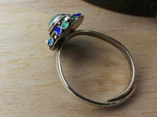 Antique Chinese Silver Enamel Jade Ring Adjustable 2