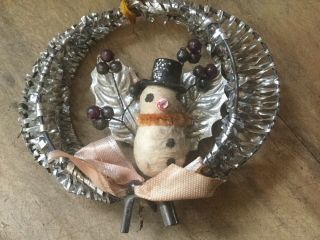 Antique Vtg German Christmas Tree Ornament Tinsel Wreath Snowman Silk Bow Berry