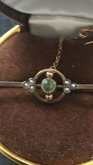Antique Edwardian Art Nouveau 9ct Gold Seed Pearl And Peridot Brooch/pin