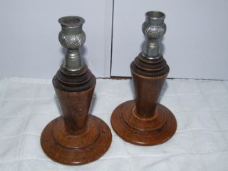 Vintage Solid Oak Wooden Candlestick Pair