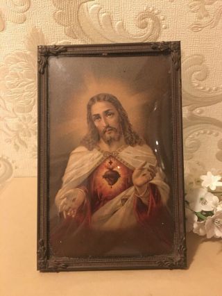 Vintage Framed Jesus Sacred Heart Picture Catholic Christian Antique