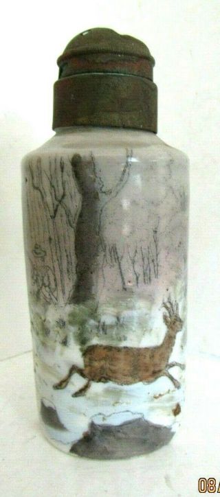 Antique Milk Glass Pillar Shaker With Hand Painted Deer Herd In Forest