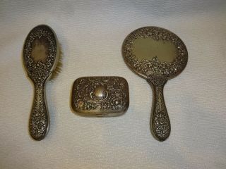 Antique Art Nouveau German Silver Dresser Vanity Dressing Mirror Brush Soap Set