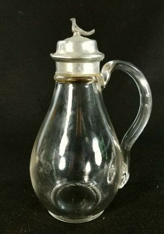 Antique Pewter & Glass Syrup Pitcher With Bird On Top