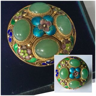 Rare Antique Chinese Silver Gilt Jade & Cloisonné Enamelled Flower Brooch