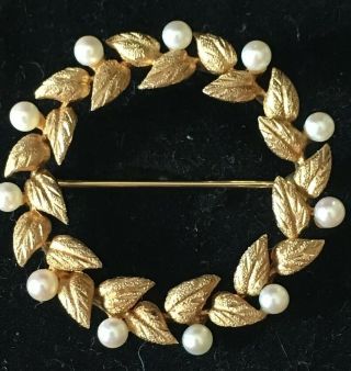 14k Yellow Gold And Pearl Brooch / Pin Wreath Design Antique 5.  2 Grams