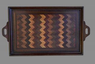 Large Antique Victorian Wooden Mixed Marquetry Wooden Tray