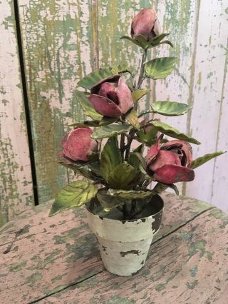 The Best Antique Italian Tole Center Piece Flower Pot W/ Pink Roses F