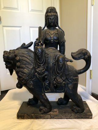Buddha: Kwan Yin On A Lion 36 Inches Tall Wood Antique Gold Painted Details