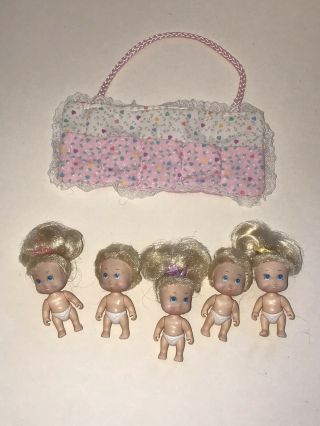 Vintage Tyco Quints Blonde Tiny 5 Baby Dolls Set 1990 Pink Bunting Blonde Bed