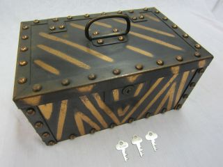 Antique Metal Strong Box Riveted W / 3 Keys Heavy From Williamsport Pa