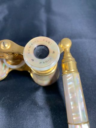 Lemaire Paris French Antique Mother Of Pearl Opera Glasses W/Handle and bag 3