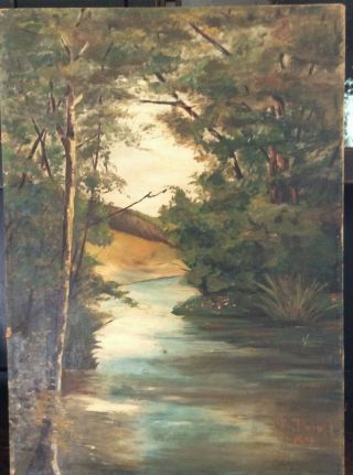 Antique 1905 Oil On Canvas Landscape Painting Signed 17 " X 24 "