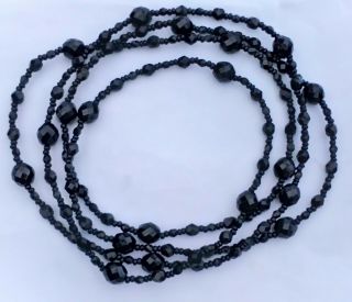 Antique Victorian French Jet Black Glass Long Muff Chain Length Necklace 54 In