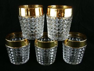 Rare Antique Baccarat Crystal Glass Set 5 X Whiskey Tumbler W/ Wide Gold Band