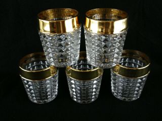 Rare Antique BACCARAT Crystal Glass Set 5 x Whiskey Tumbler w/ Wide Gold Band 6