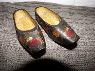 Antique Miniature Carved Wooden Shoes/clogs Painted Flowers
