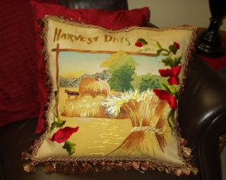 Antique Royal Society Embroidered Arts & Crafts Poppies & Wheat Harvest Pillow