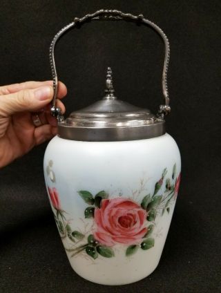 Antique Biscuit Jar Hand Painted With Pink Roses Silverplate Top