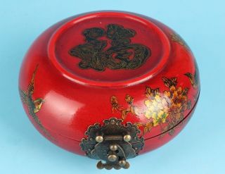 China Leather Round Jewelry Box Red Flower Birds Dot High - End Gift Old