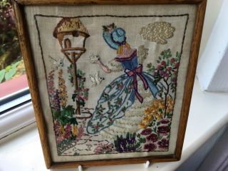Vintage Embroidery Of A Lady In A Country Garden